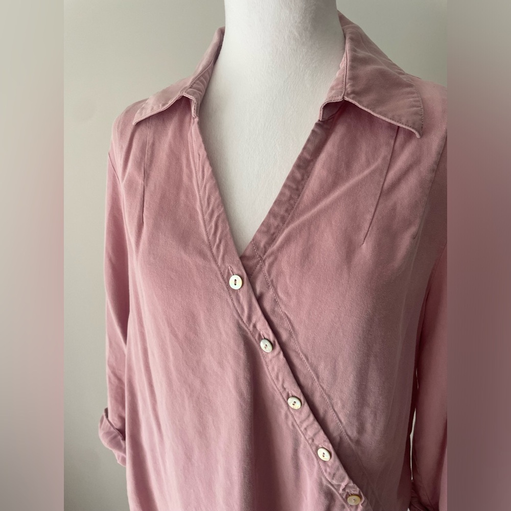 Soft Surroundings M Tencel Button Top Wrap Tunic Diagonal Asymmetrical‎ Pink Tab